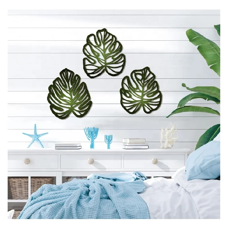 Wood Hanging Sculpture Vintage Tropical Plant Plaque Wall Art Wooden Palm Leaves Plant Wall Decor for Home  Room Office