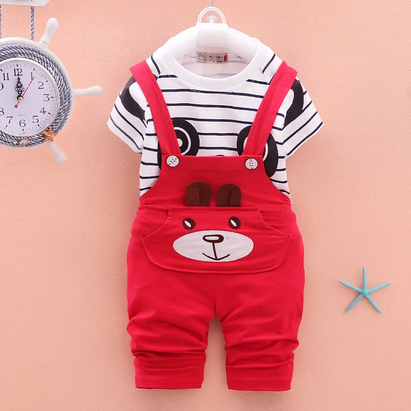Baby Clothes Summer Toddler Kids Boys Striped Short Sleeved T-shirt Panda Straps Pants Overall 2 Pcs Boys Clothing Set