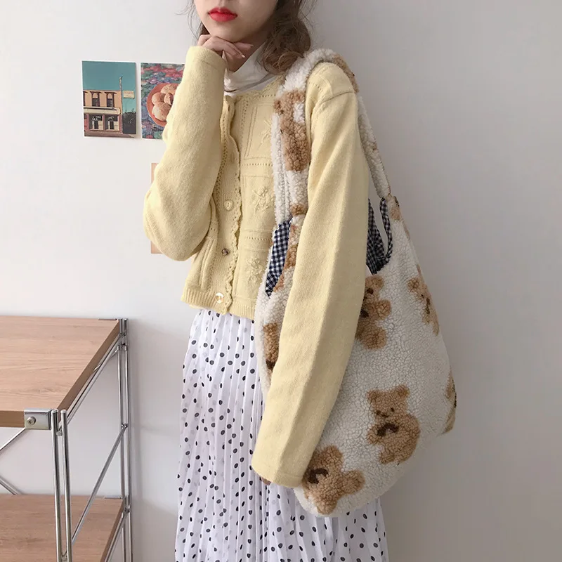 Women Girls Cute Bear Plush Shoulder Bag Large Tote Handbag Purse Faux Fur Shopping Dating Bag