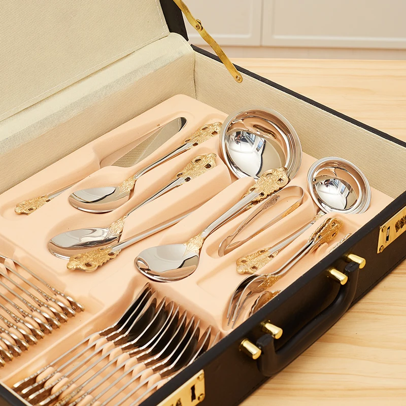 Food Grade 72pcs Luxury Wedding Gold 18/10 Stainless Steel Flatware With Wooden Box
