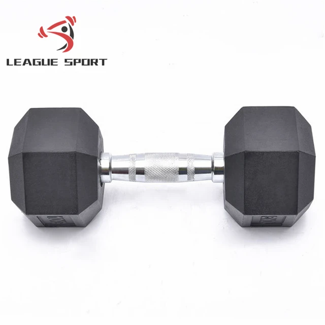League-Sport Wholesale Black Hex Rubber Dumbbell Coated Gym Dumbbell Pounds Fitness Weight Custom Rubber Hexagon Dumbbells