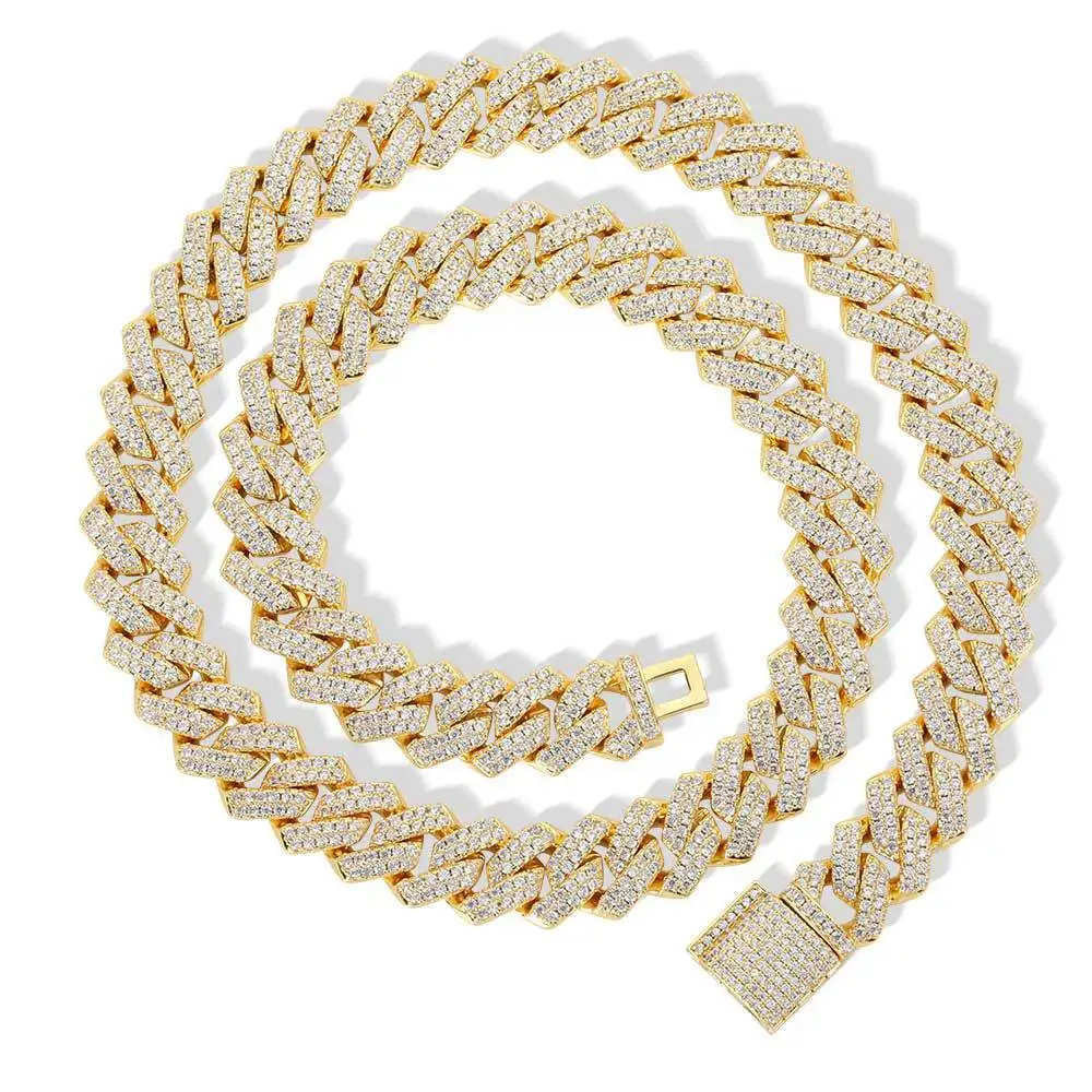 14mm Rhombus Cuban Chain 18K Gold Plated Miami Cuban Link Chain Brass Zircon Necklace Custom Jewelry For Men