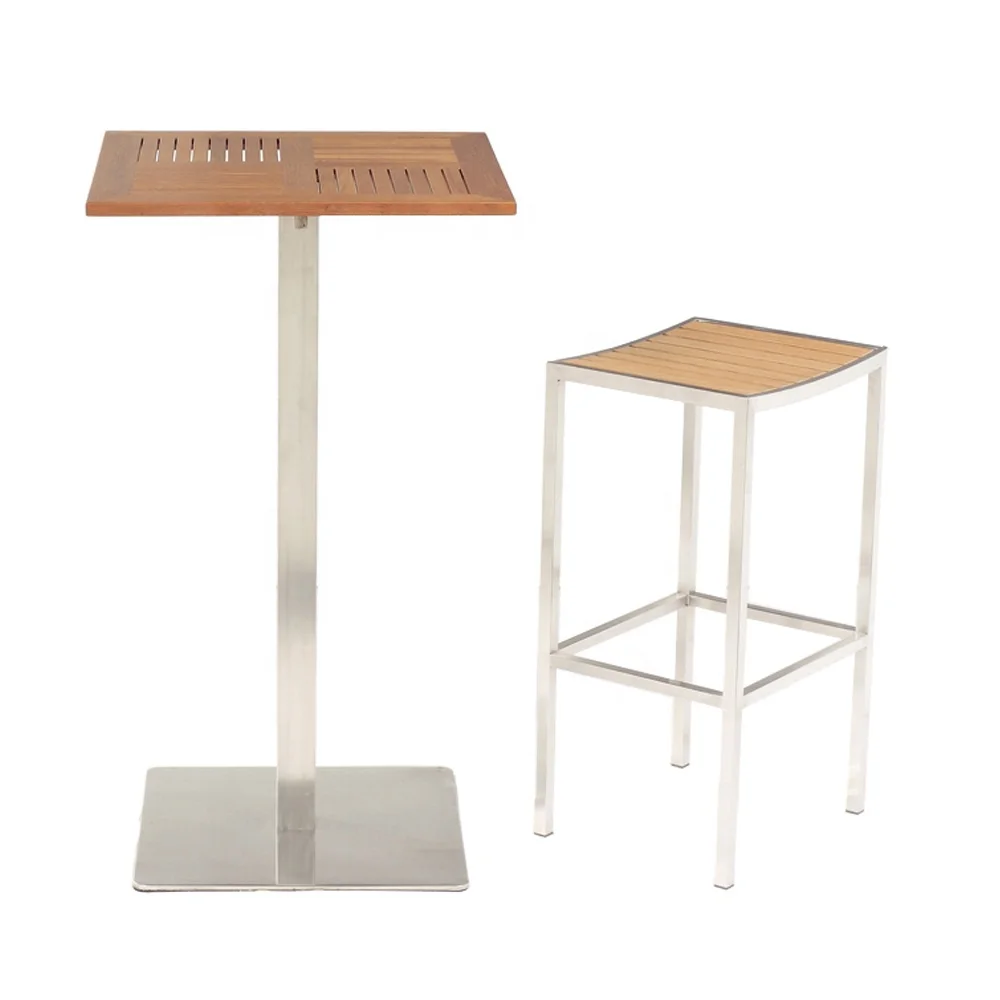 Stainless Steel Frame Teak Wood Top Modern Design Modern Outdoor Garden Park Patio Yard Teak Wood Stackable High Stool bar Table