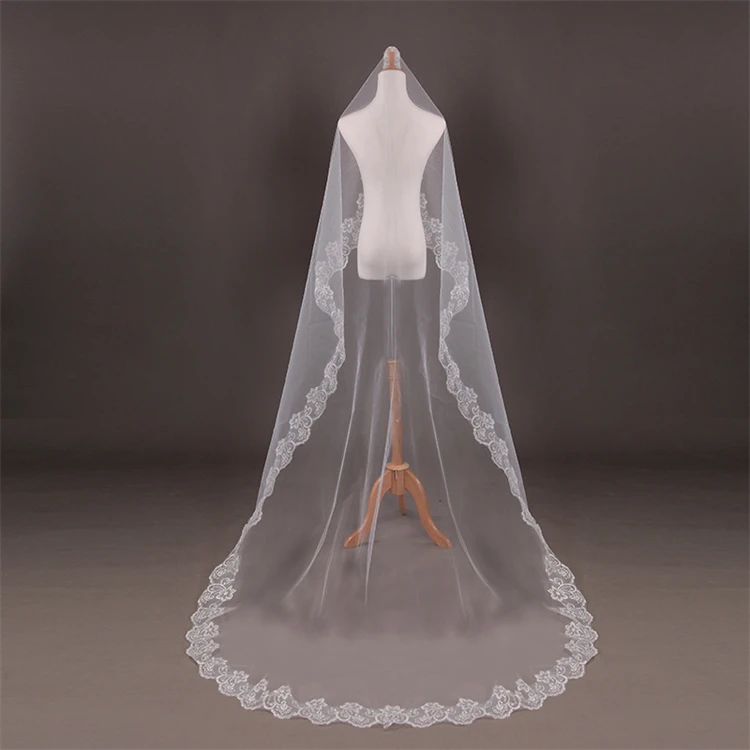 2023 Simple Bridal Lace Long Wedding Veil White  Lace Veil Church