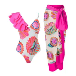New trendy fashion swimwear beachwear one piece swimsuit vintage print bikini set with beach cover up