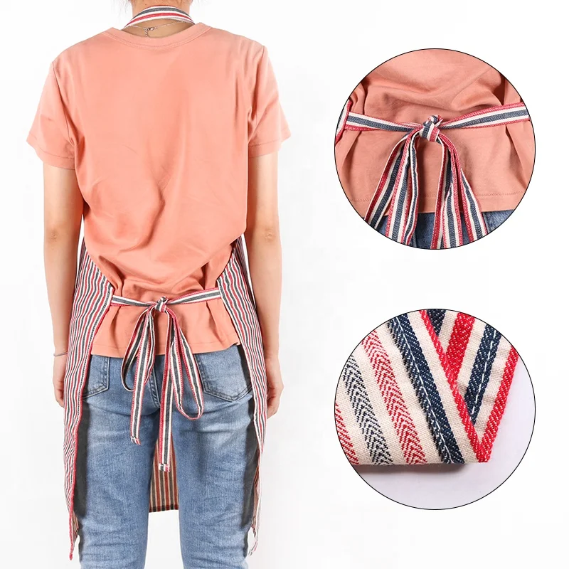 CHANGRONG Custom Men Women 2 Pockets Adjustable Bib black Stripes cotton chambray Kitchen Cooking Aprons