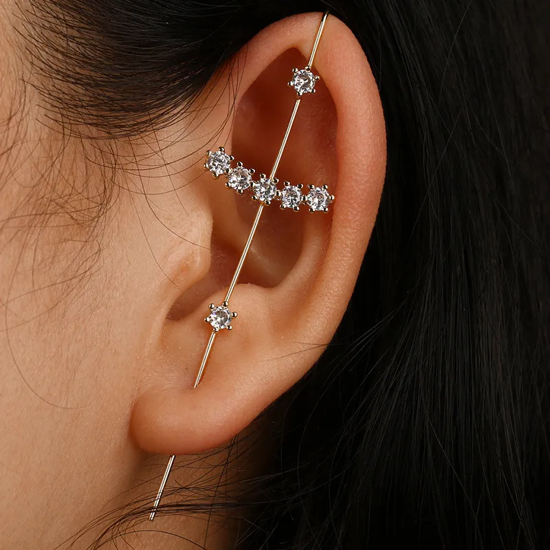 Rhinestone Charm Ear Cuff Wrap Crawler Needle Diagonal Ear Nail Crochet long Hook Cartilage Piercing Earrings