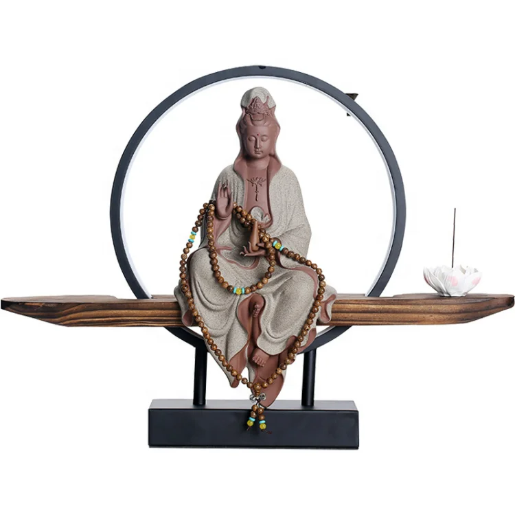 China zen lotus new ceramic waterfall Guanyin buddha backflow incense burner with table lamp usb led light