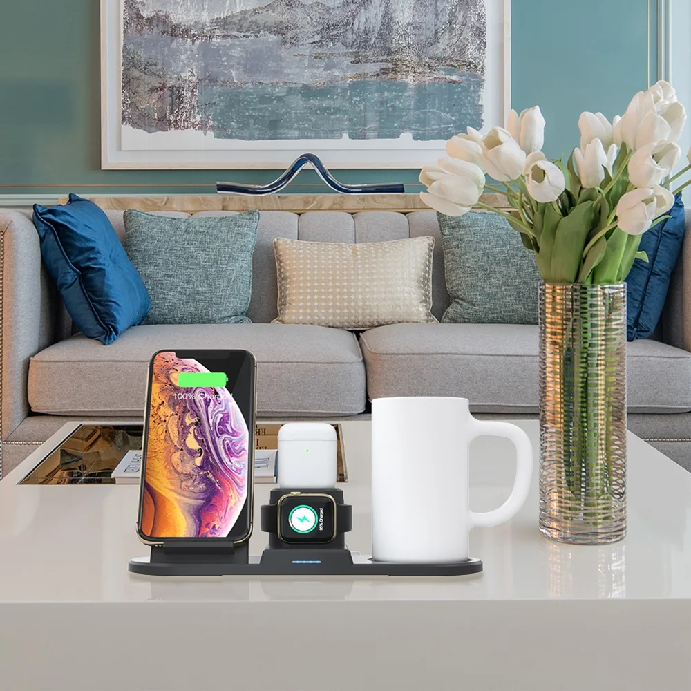 
4 in 1 Fast Qi Wireless Charger And Intelligent Thermostat Warmer Mug Wireless Charging Dock for Smart phone earphones watch 