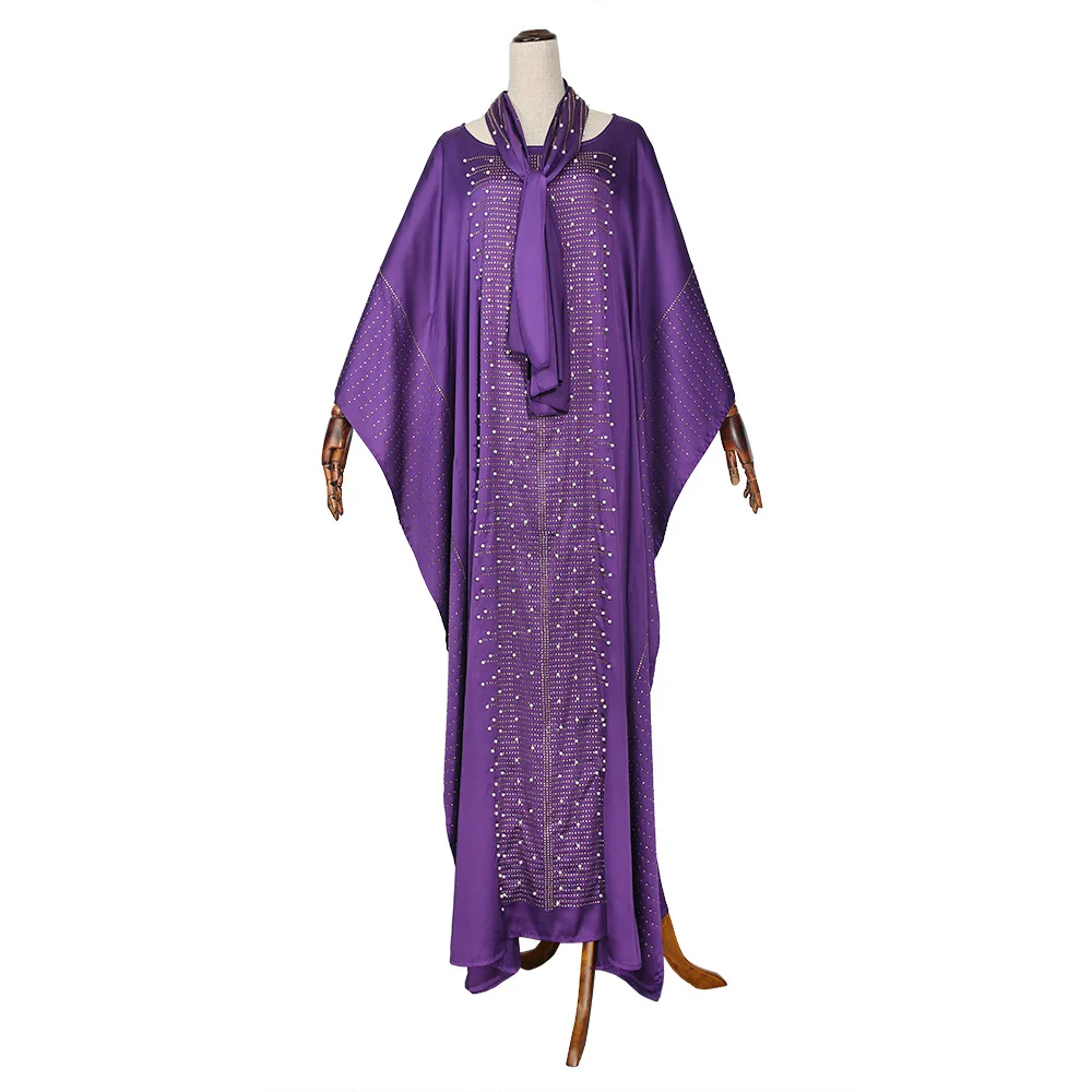 S8072 African Hot Drilling Lady Dress Beaded Satin Robe Long Party Dresses With Headscarf Women Clothing