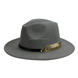 Metal leaf leather belt top hat Autumn and winter woolen felt hat with large eaves cowboy hat