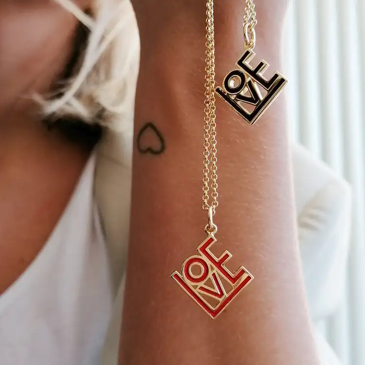 Slovehoony S925 Red Black Enamel LOVE Pendant Necklace Custom 14k Gold Plated Personalised Fine Jewelry Necklace