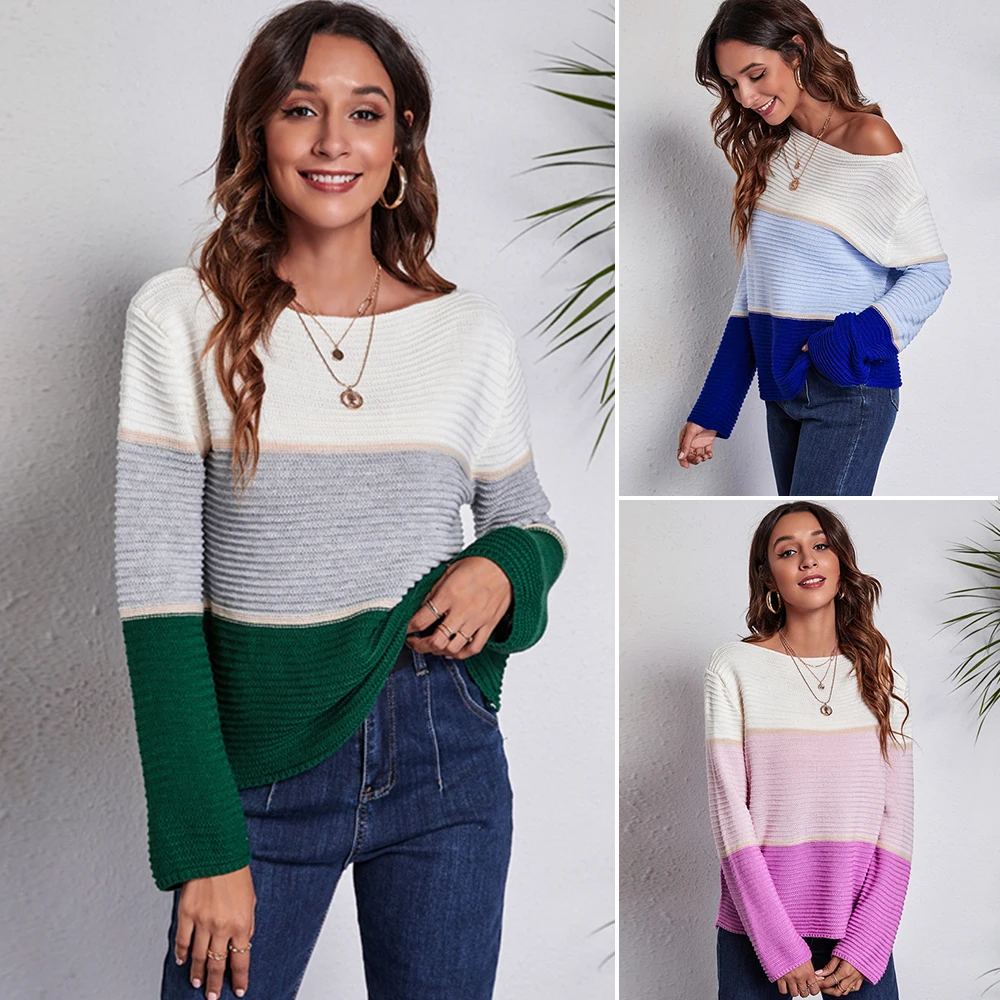Casual Patchwork Long Sleeve Knitwear Autumn Loose Sweaters Women Tops