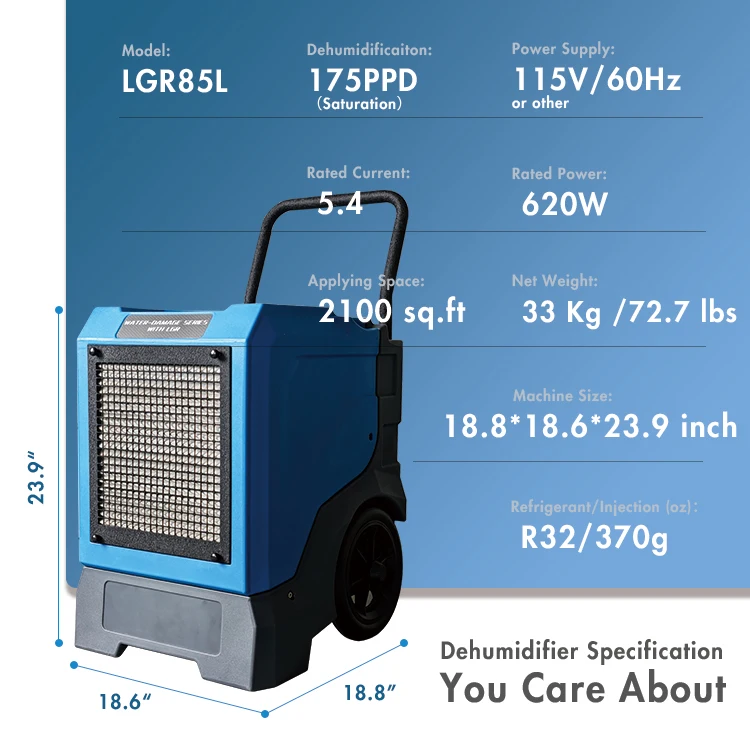 Commercial 175 Pints R32 Industrial Dehumidifier Machine For Water Damage Restoration