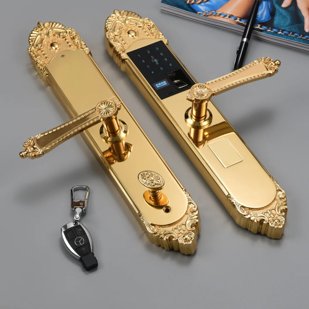 Однотонный кованый смарт-замок для двери из чистой меди с отпечатком пальца, античная латунь с ручкой, набор винтажных роскошных моделей