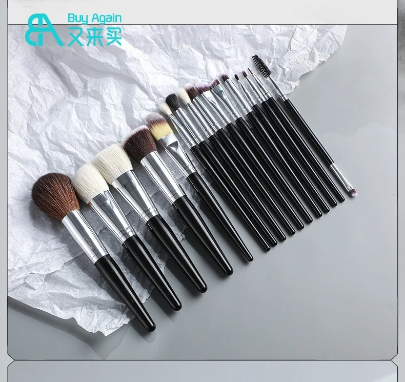 Wholesale luxury professional Makeup Artist brush set tools cruelty Free16pcs black natural goat hair makeup brush set with bag
