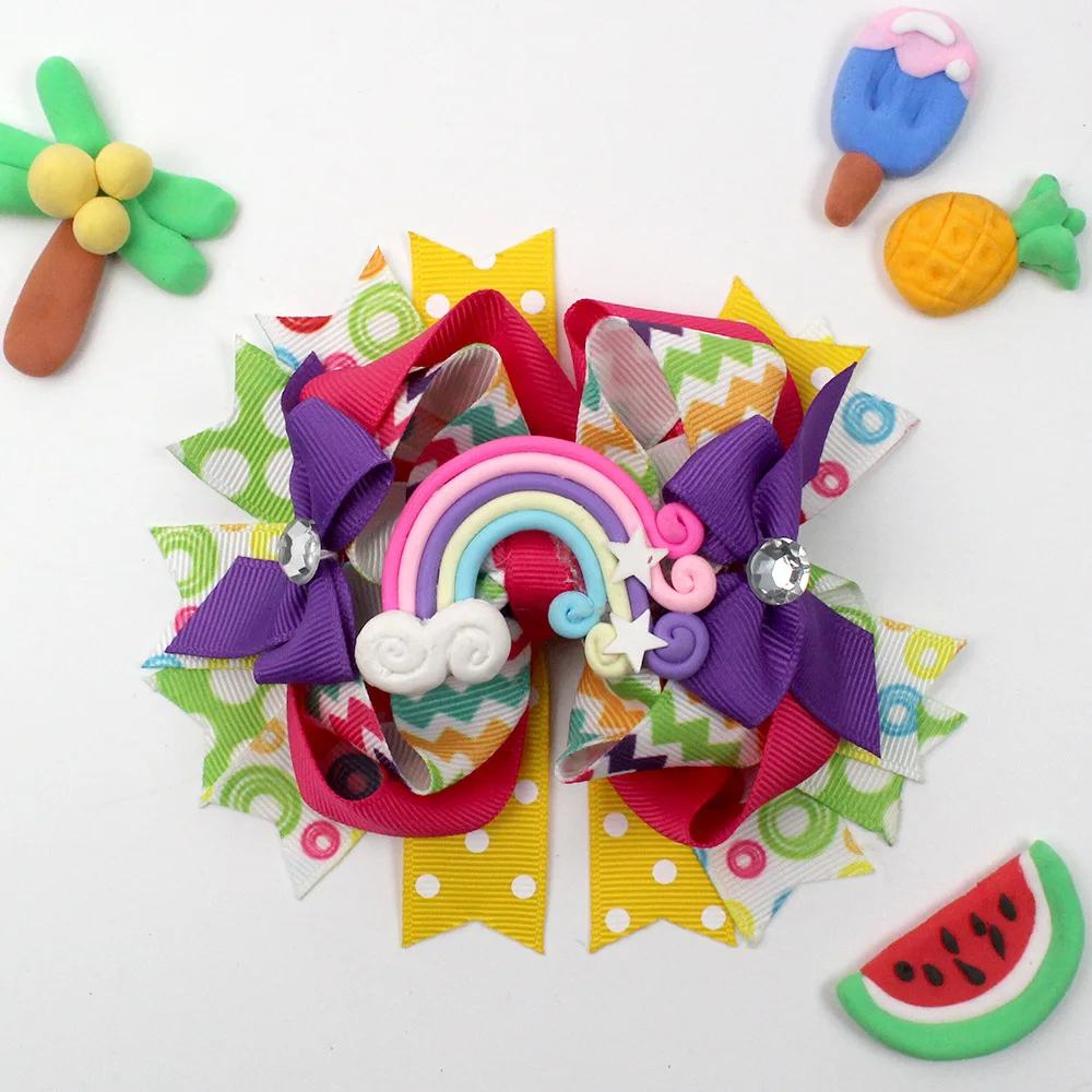 Spring Summer Collection Colorful Girls Hair Bow Cow Print Polka Dot Print Rainbow Bottle Cap Kids Girls Hair Accessories