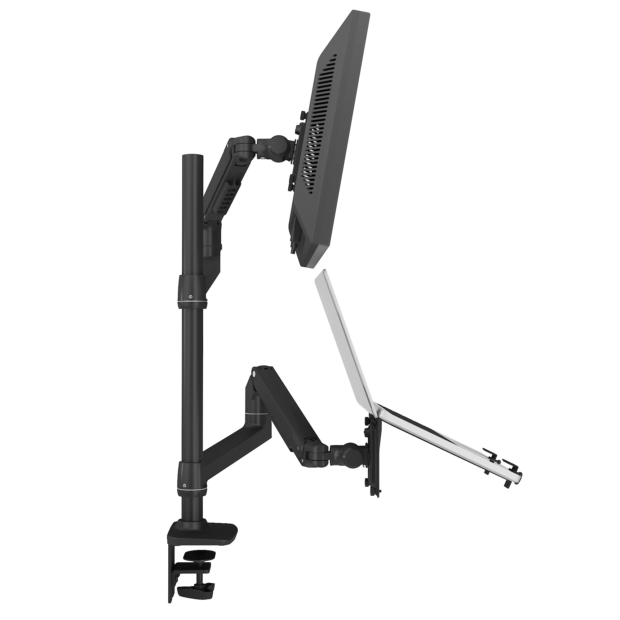 High quality aluminum alloy gas spring free adjustable vertical monitor screen/laptop arm dual mount