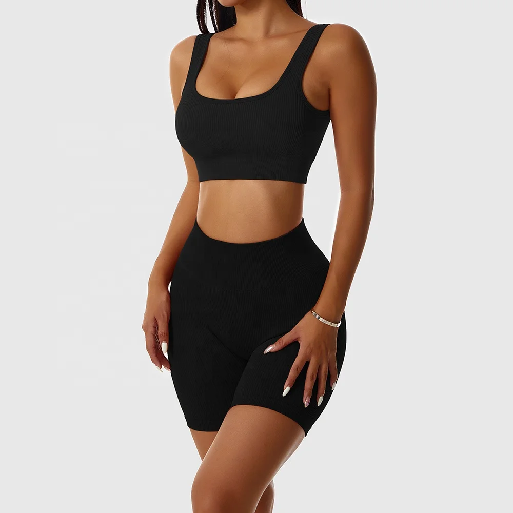 New Fashion Sexy U-Neck Square-Neck Bra And Shorts Women Seamless Sportswear Gym Wear Two Pcs Yoga Set