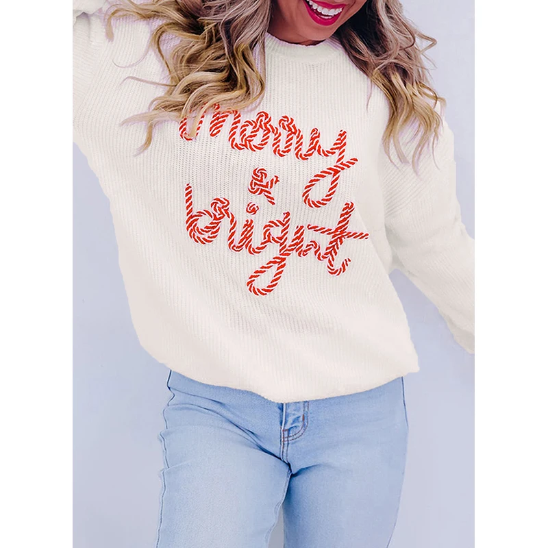 Dear-Lover High Quality Ladies Striped Merry Bright Letter Women Christmas Knitted Sweater
