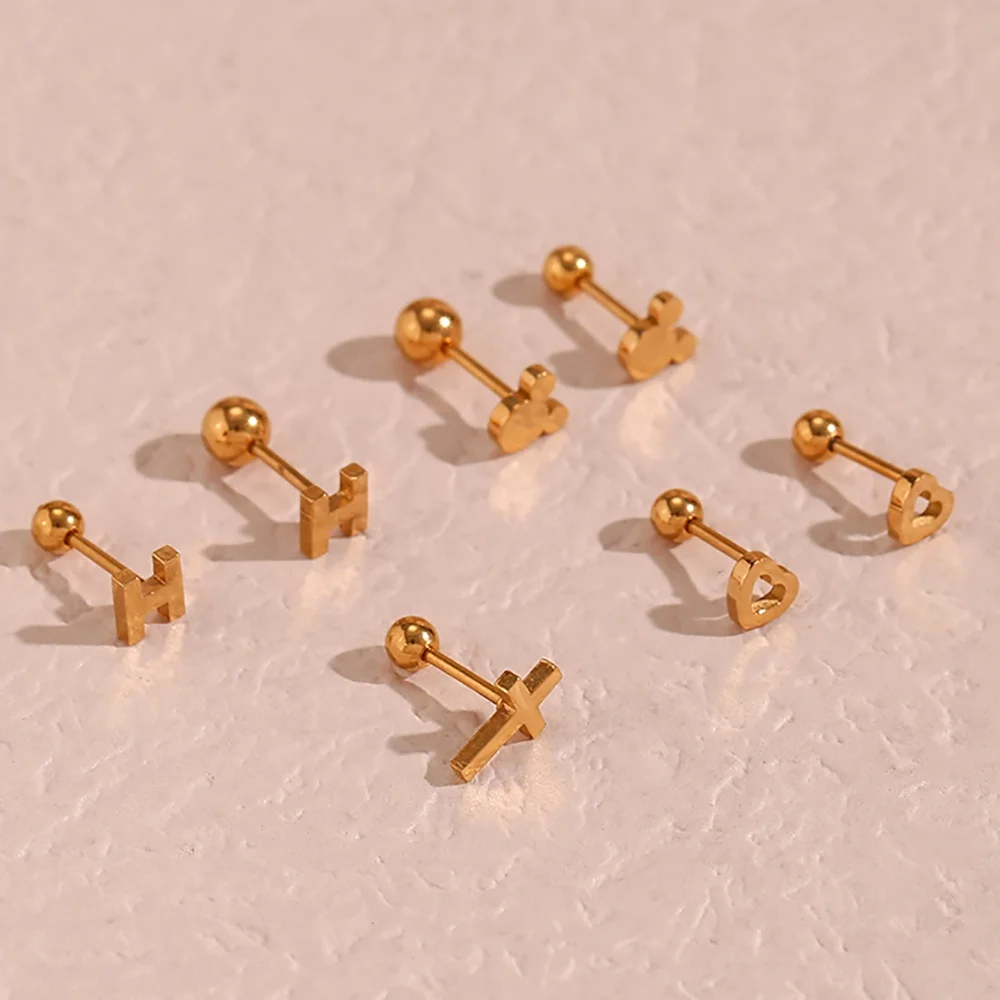 18K Gold Plated Piercing Jewelry 316L Stainless Steel Cross Stud Earring Letter H Hollow Heart Nose Stud Set