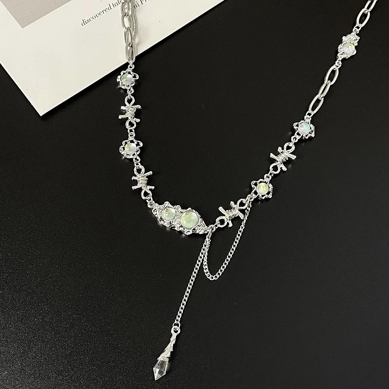Korean Trendy Designer Sliver Plated Irregular Fold Chain Moonstone Crystal Tassel Necklace Jewelry for Women