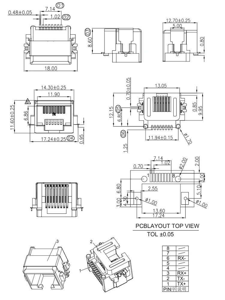 RJ45 Modular Mid Mount 8.6MM SMT Type RJ-45 8P8C Female Socket Connector