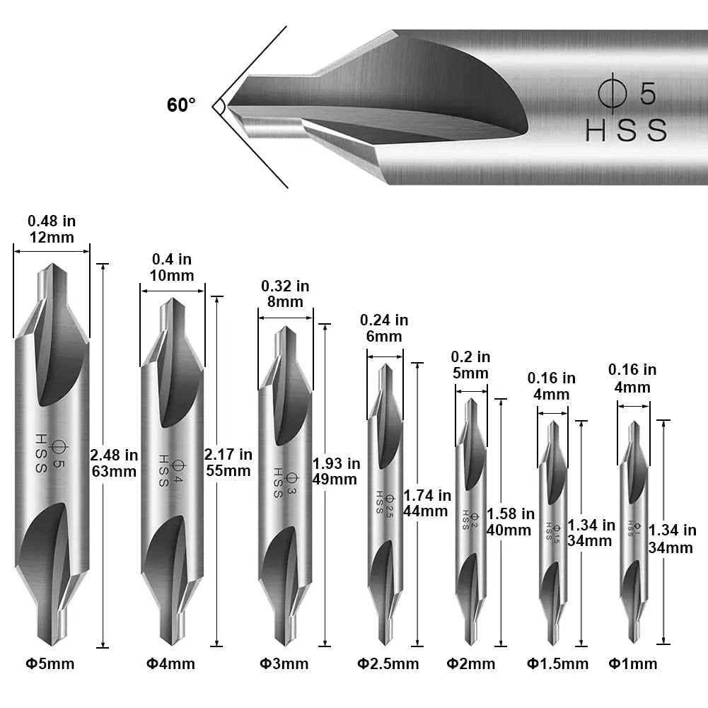 Center Drill Bit Set HSS Countersink Bit Tool 60 Degree Angle 1mm 1.5mm 2mm 2.5mm 3mm 4mm 5mm Countersink Lathe Mill Tool Kit