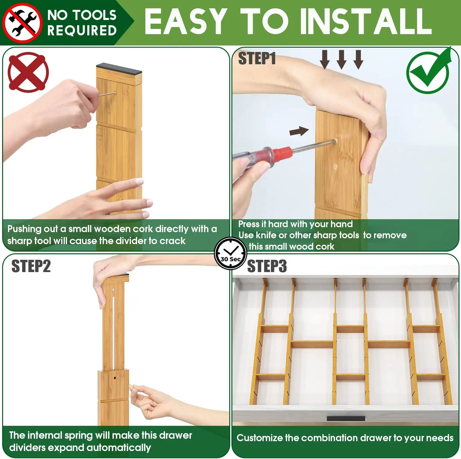 Expandable Adjustable Bamboo Drawer Dividers with 12 Inserts Kitchen Drawer Organizer