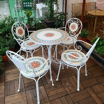 Hot selling balcony terrace small tavern circular coffee table foldable mosaic metal outdoor tables and chairs