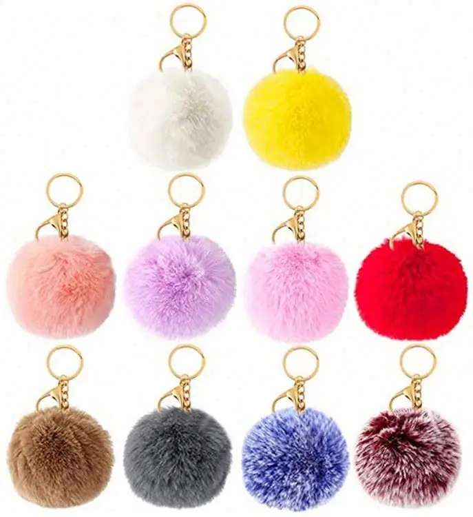 Furry Puff Ball Faux Rabbit Pink Fur Ball Pom Pom Keychain For Women And Girls
