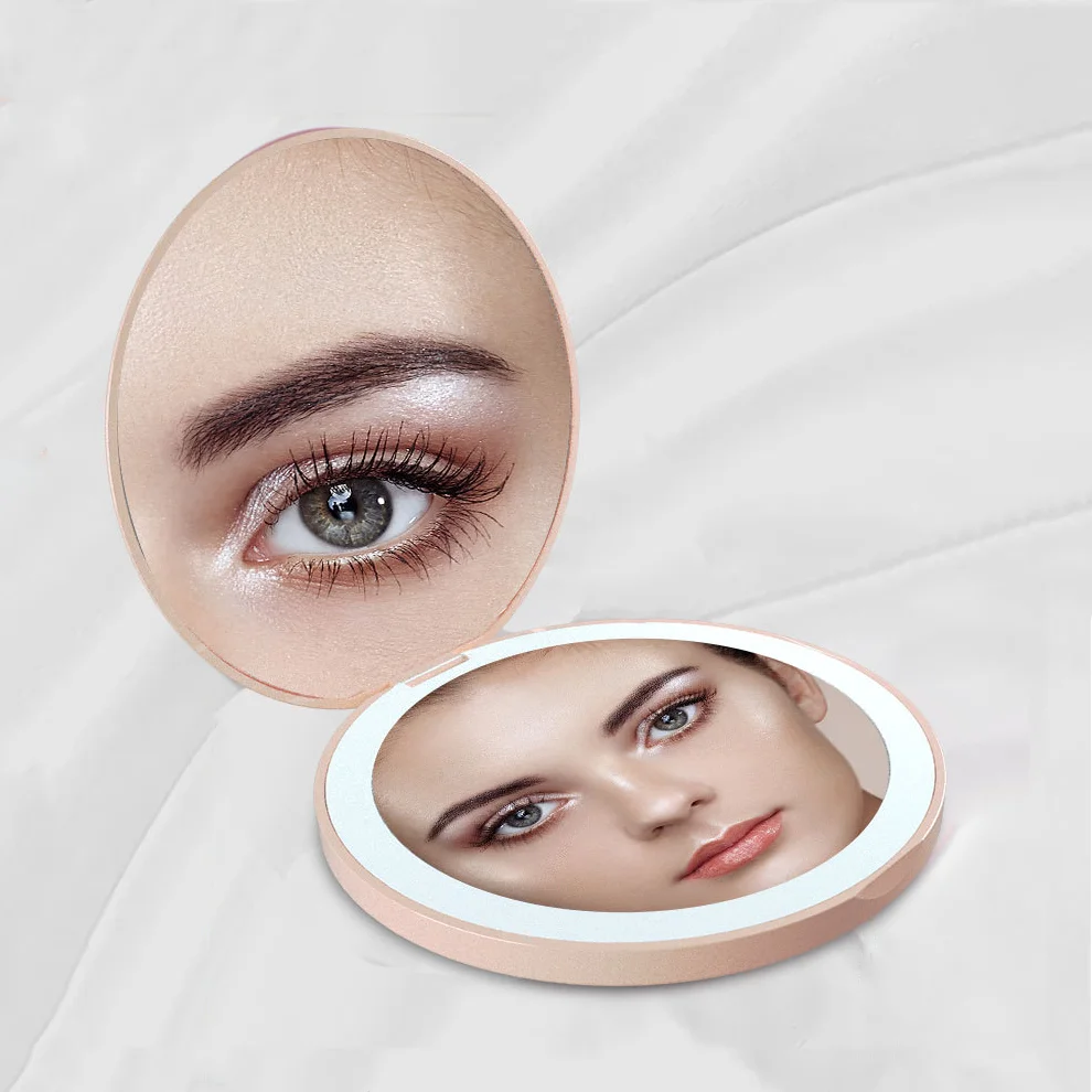 Custom Gift Pink Pocket Portable Folding Double Sided Handheld 2X Magnification LED Travel Makeup Mirror With Light