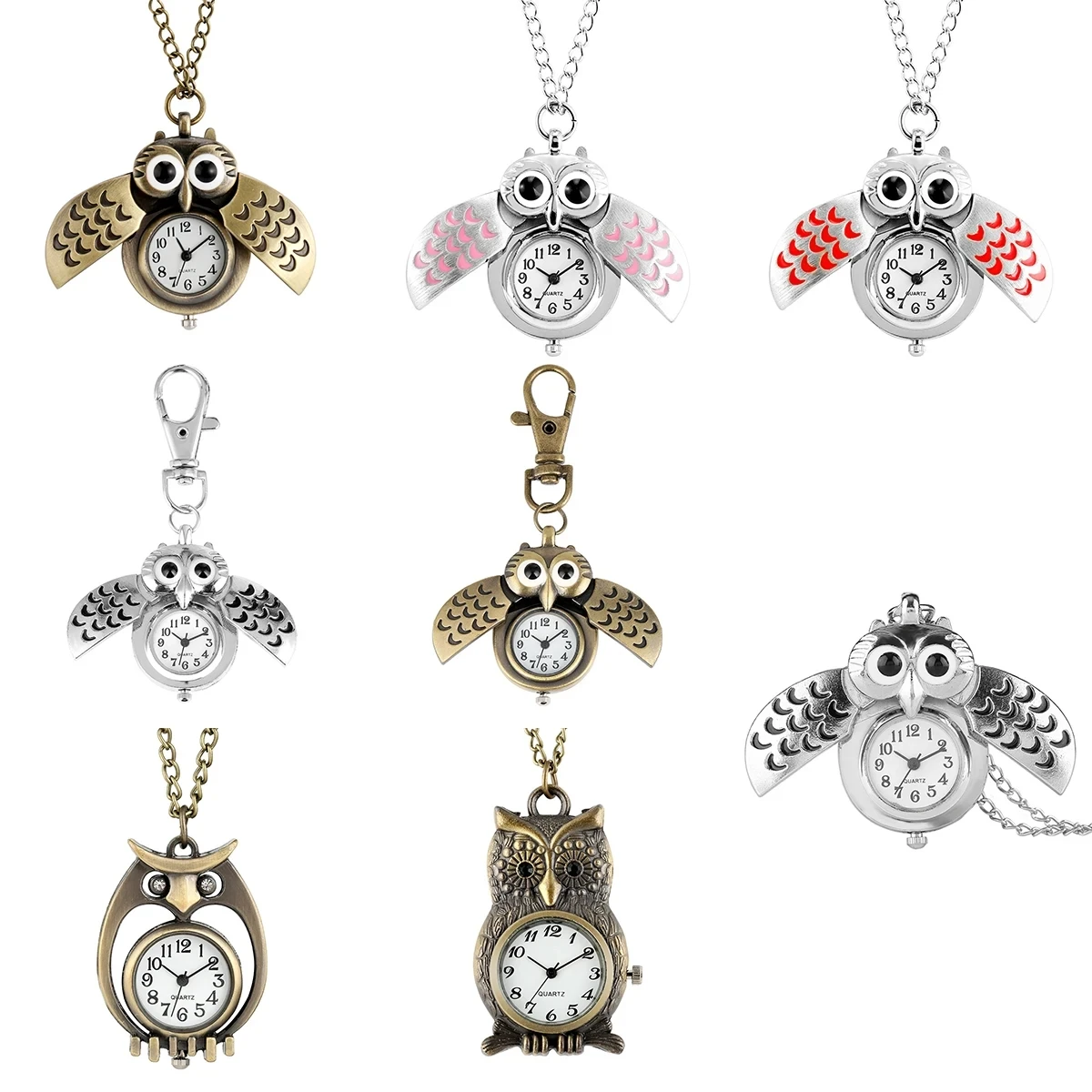 Small Cute Owl Shaped Pendant Necklace Chain Pocket Watch for Kid Men Women Retro Quartz Pocket Clock Gift Arabic Numerals Dial