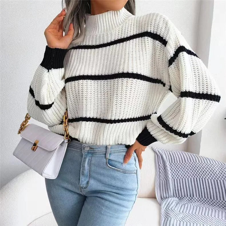 Autumn Winter European Style Casual Striped Lantern Sleeve Half Turtleneck Knitted Pullover Woman Sweater
