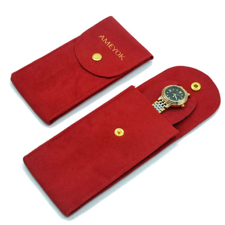 Custom Logo Luxury Snap Travel Storage Velvet Gift Watch Packaging Bag Pouch With Button