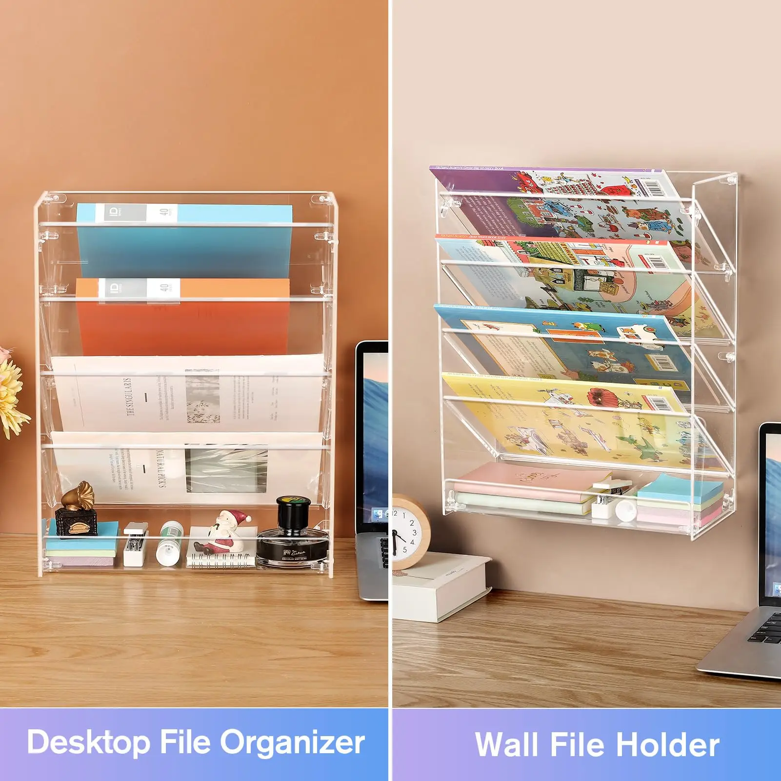 Wall Mount File Holder Organizer 5 Tier Vertical Wall Hanging Mail Document Organizer  Magazine Literature Rack with Flat Tray