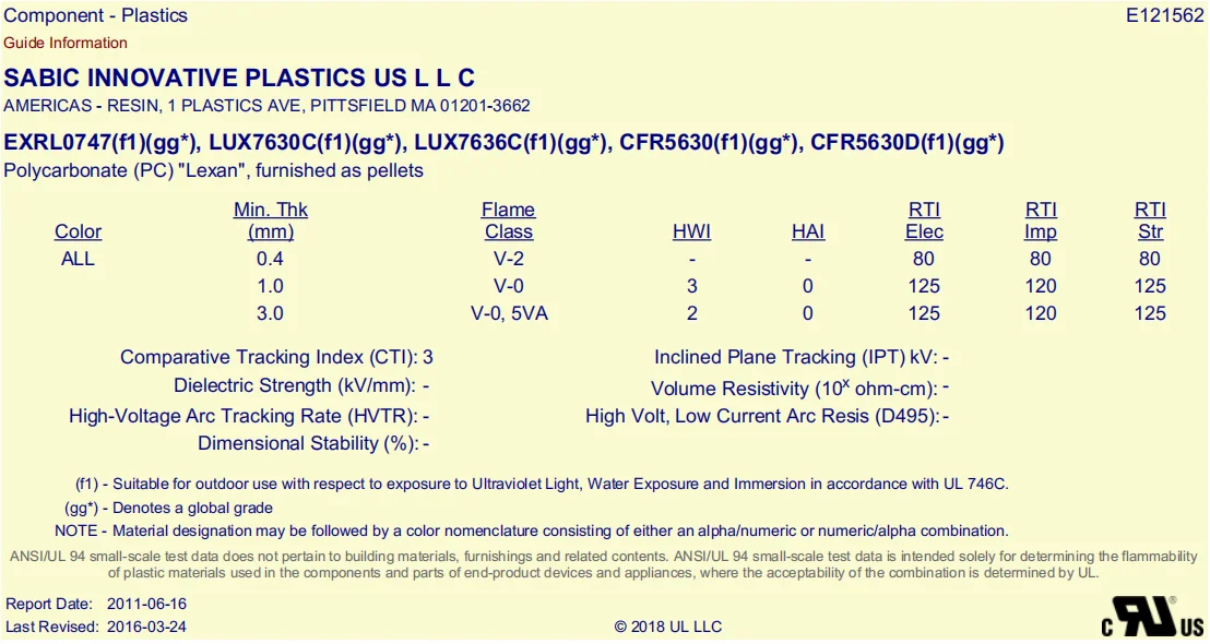 Optical PC LUX7630C SABIC UV resistant, 1.0mm V0 5VA bromine-free, chlorine-free flame retardant extrusion
