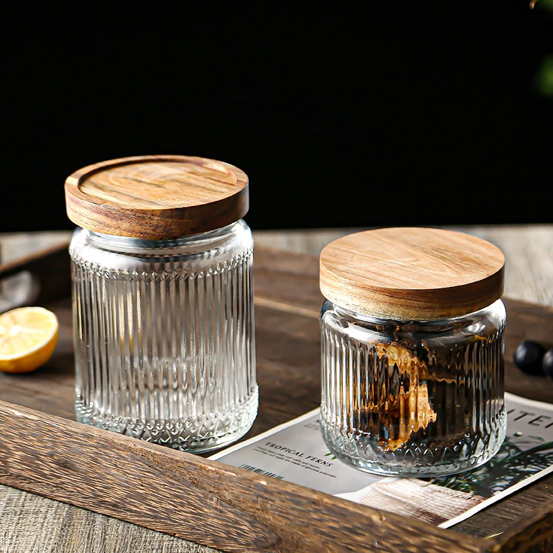 Top seller 500ml clear round vintage ribbed airtight kitchen food spice container bottle pot set glass storage jar with lid