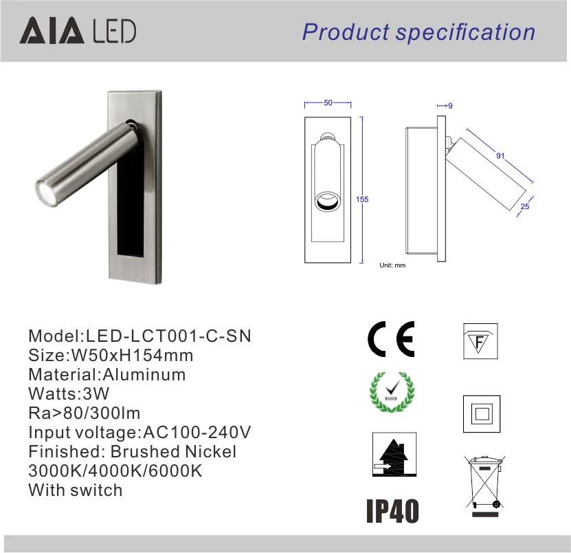 Professional beadboard wall lamps 3W led bedside wall lighting reading lamp book bed wall light for hotel villa