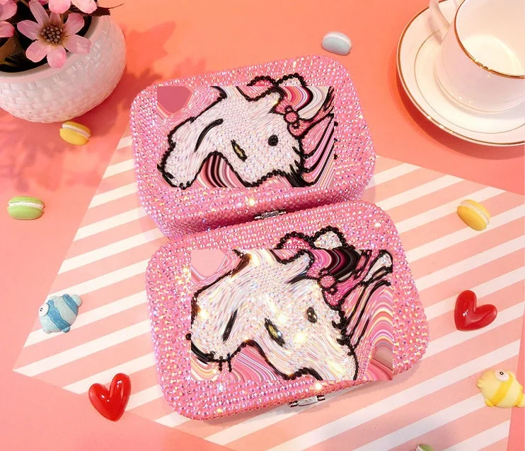 Hot Sale Daily Little Kitten Use Bling Bling Crystal Rhinestone L  Durable Leather Cosmetic Box with Mirror Make up Cases