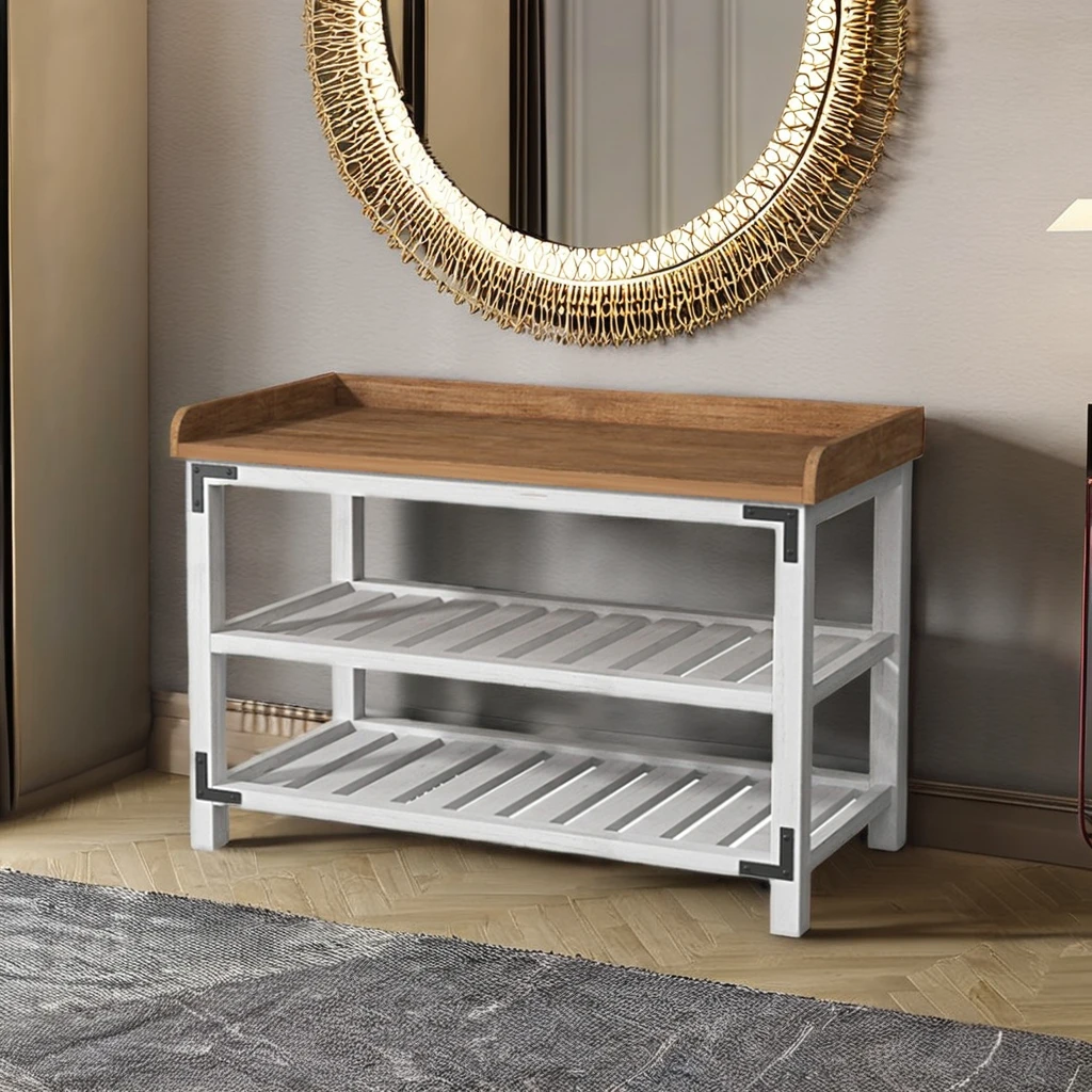 New metal frame 2-tier shoe rack small white shoe cabinet with wood seat cushion
