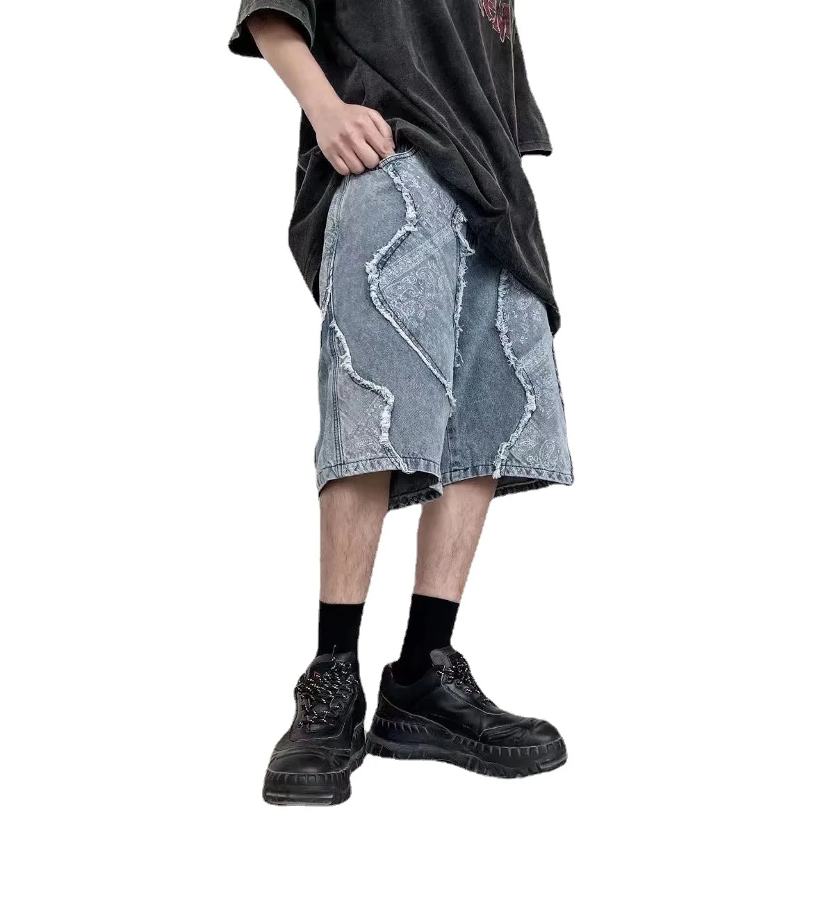 Custom Patchwork Breathable Denim Casual Shorts Baggy Jeans Short for Men Denim Fabric Knitted Washed Distressed Shorts Men