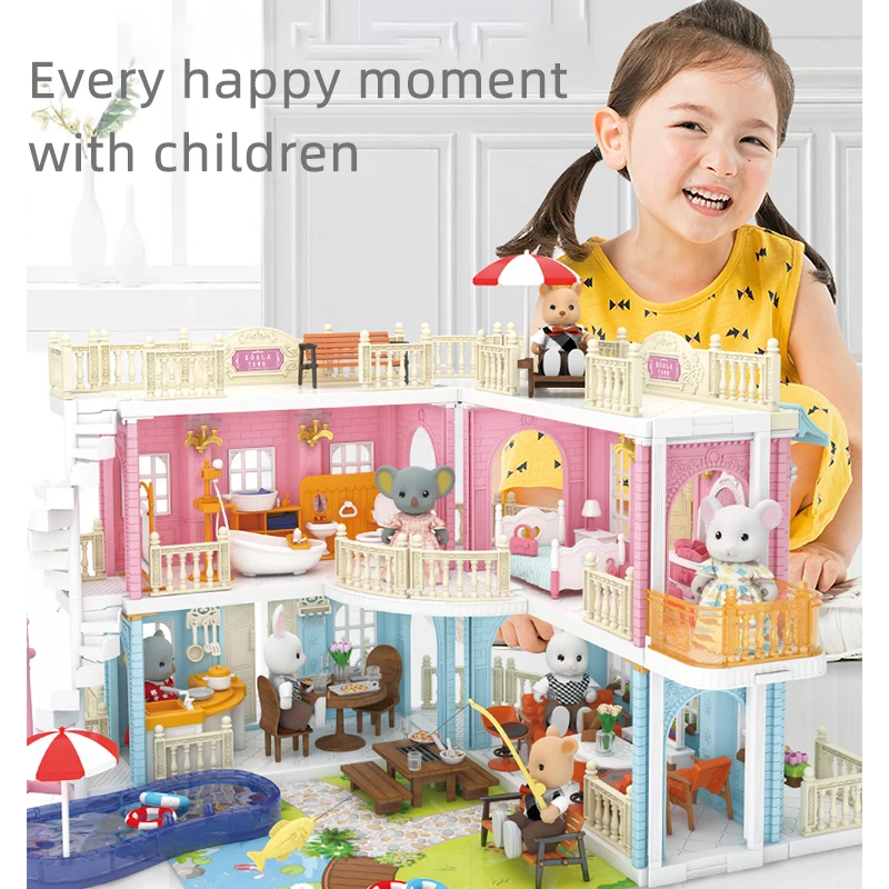 2022 new Koala diary kids DIY fashion doll house toy set children big size wood doll house