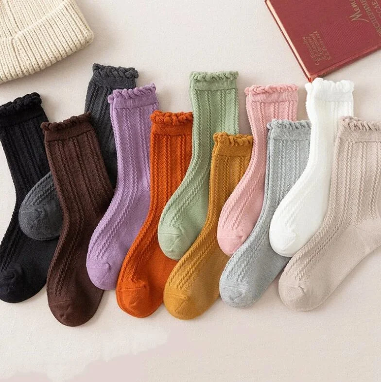 Wholesale Candy Color Ruffle Frilly Designer Warm Ladies Ankle Socks Womens Socks Cotton