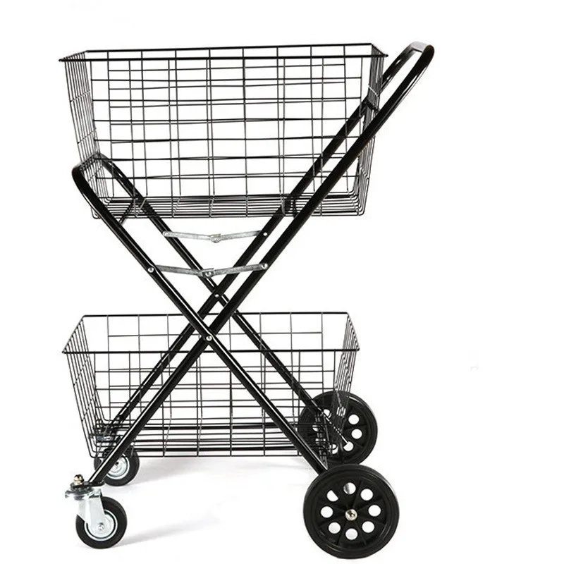 Foldable Metal Electronic Shopping Trolley Grocery Stores Double Baskets Collapsible Shopping Trolley with Big Wheel