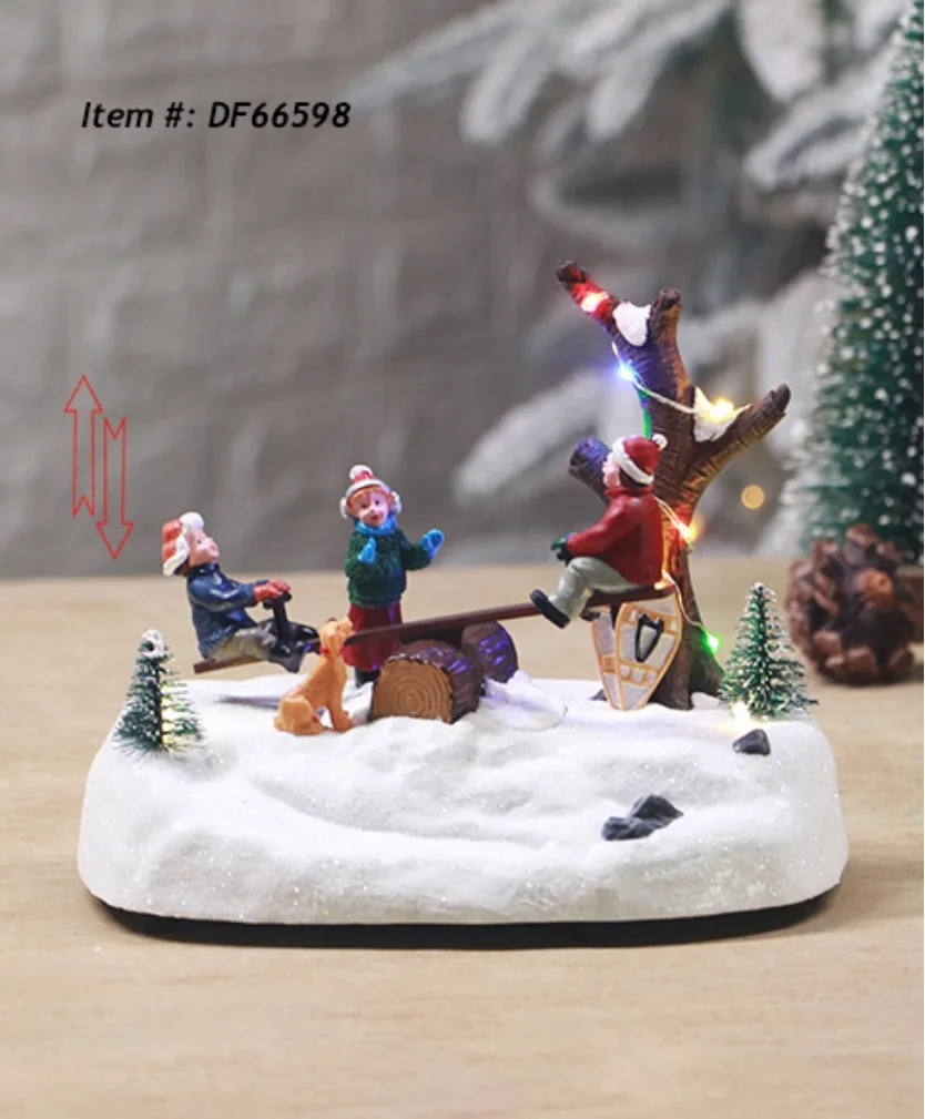 Lighted House Christmas Village Winter Houses with Led Light Christmas Figurines Christmas Winter Scene w Moving Seesaw & Music