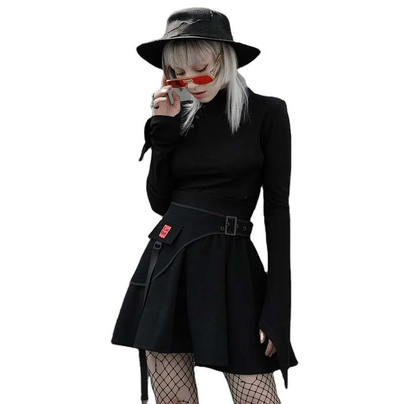 Punk gothic style T-shirt spring slim long flare sleeve stand neck black knitting shirts OPT-572TCF ladies clothes  PUNK RAVE