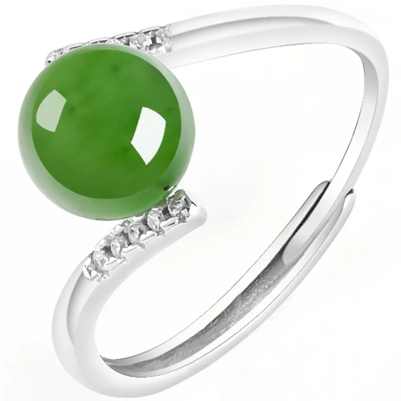 Natural Hetian jade Jasper spinach green round bead jade ring S925 silver inlaid ladies ring fashion ring adjustable D633
