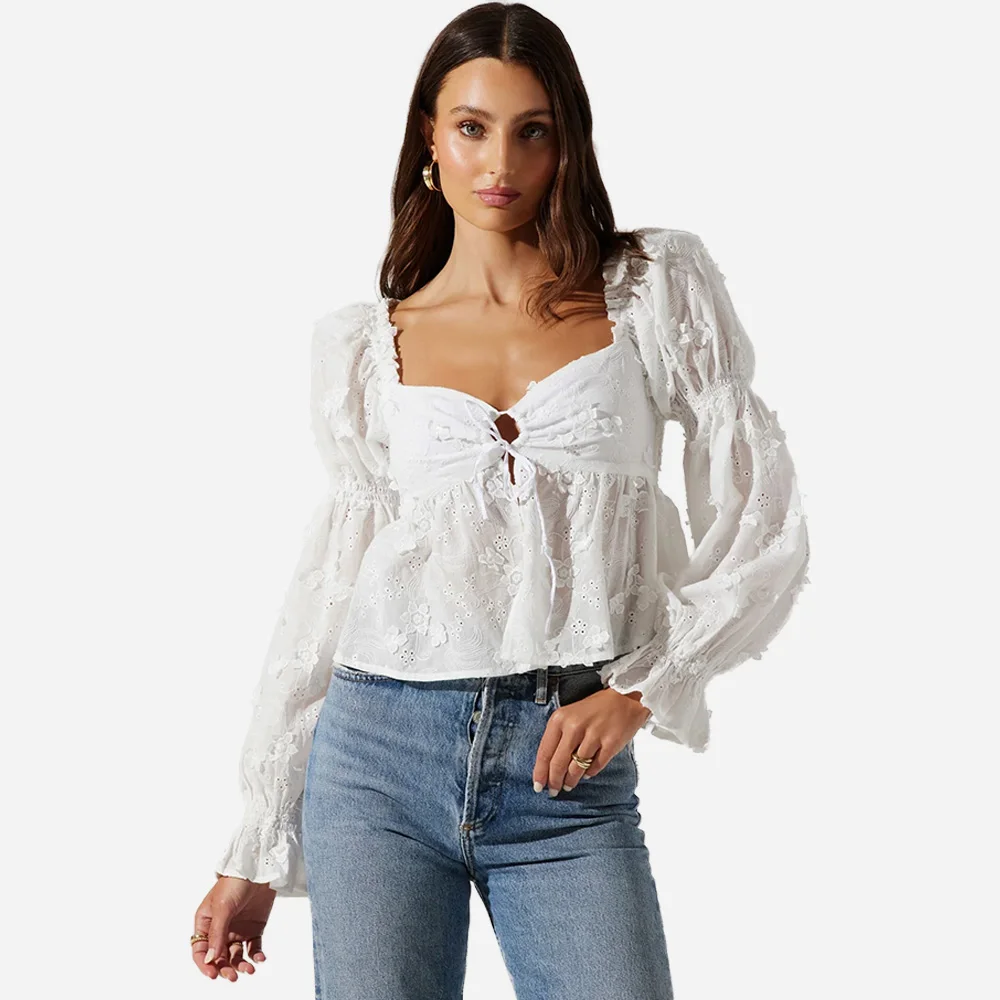 Sweetheart Neckline Floral Detailing Keyhole Cutout Cotton Blouse Ladies Blouse Tops Woman Blouse