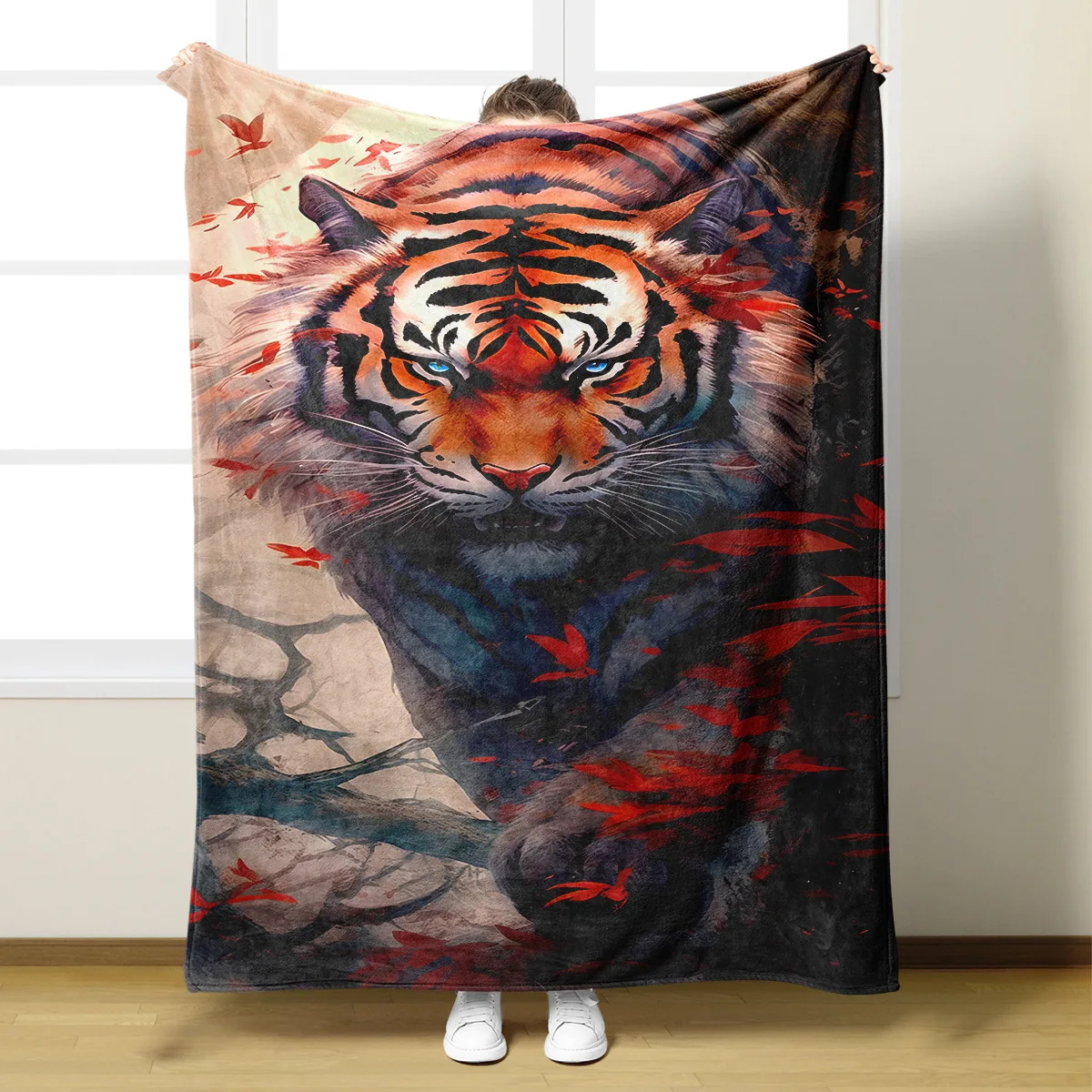 Customized Low MOQ Flannel Digital Print Tiger Head Bed Blanket Camping Holiday Gift Blanket Double Layer Sherpa Soft Blanket